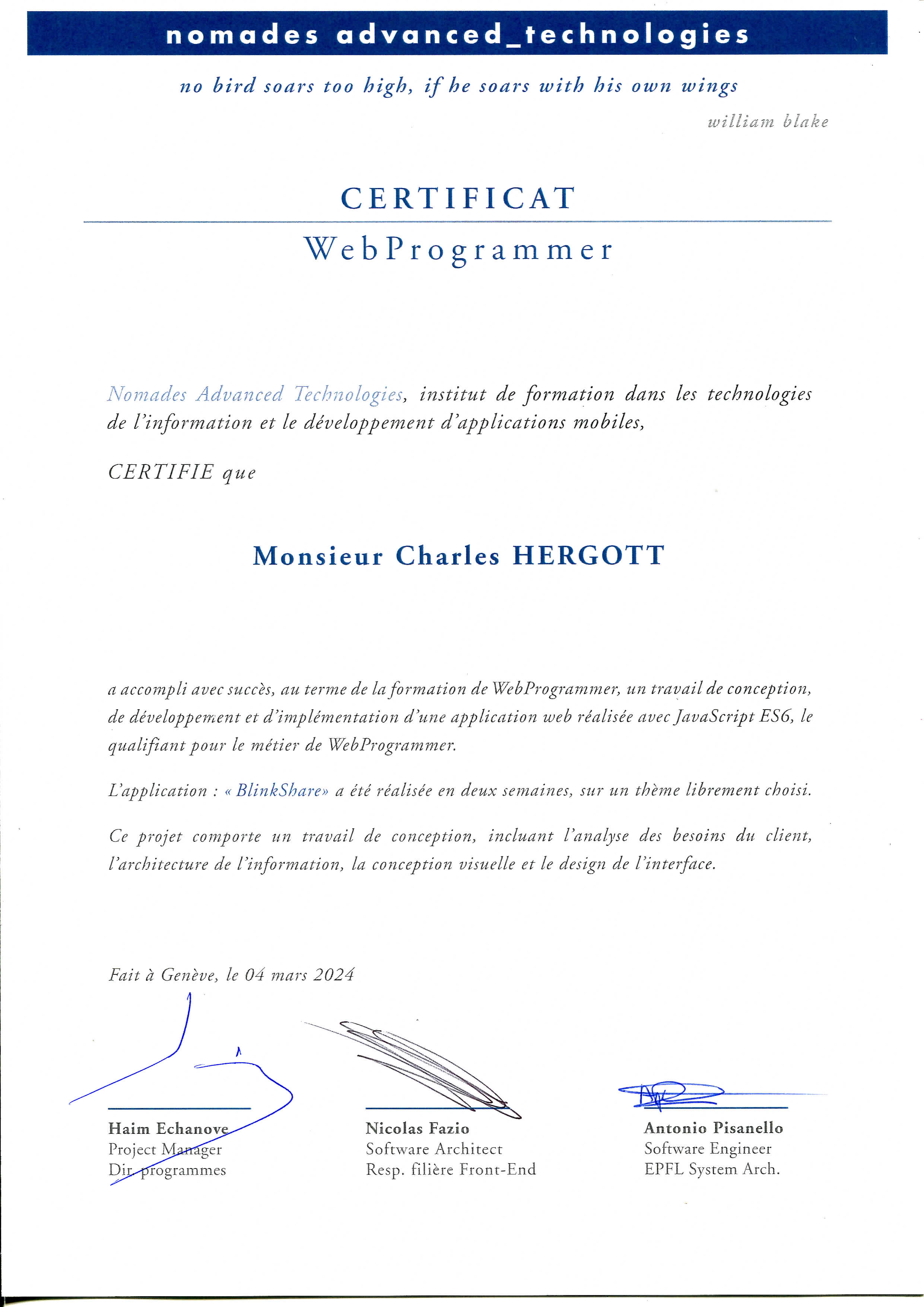 certificat Charles Hergott